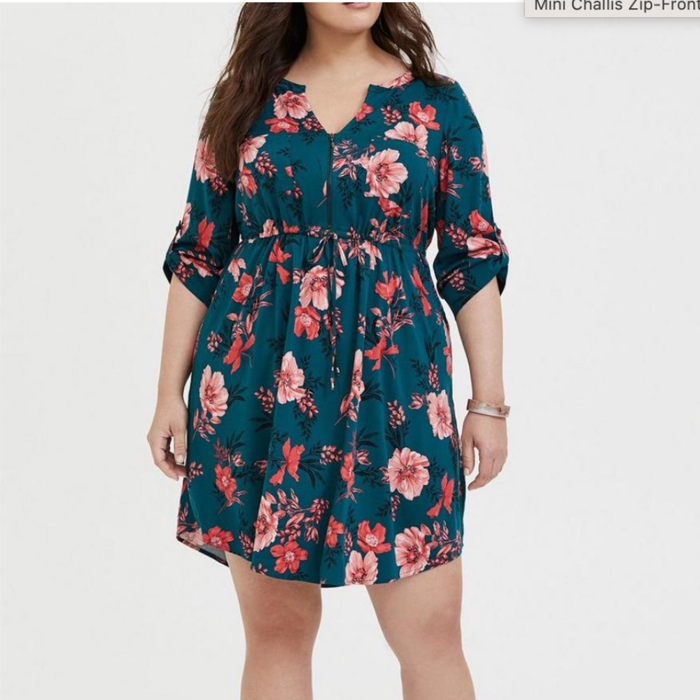 Torrid mini Challis zip-front shirt dress teal floral pattern size 2X